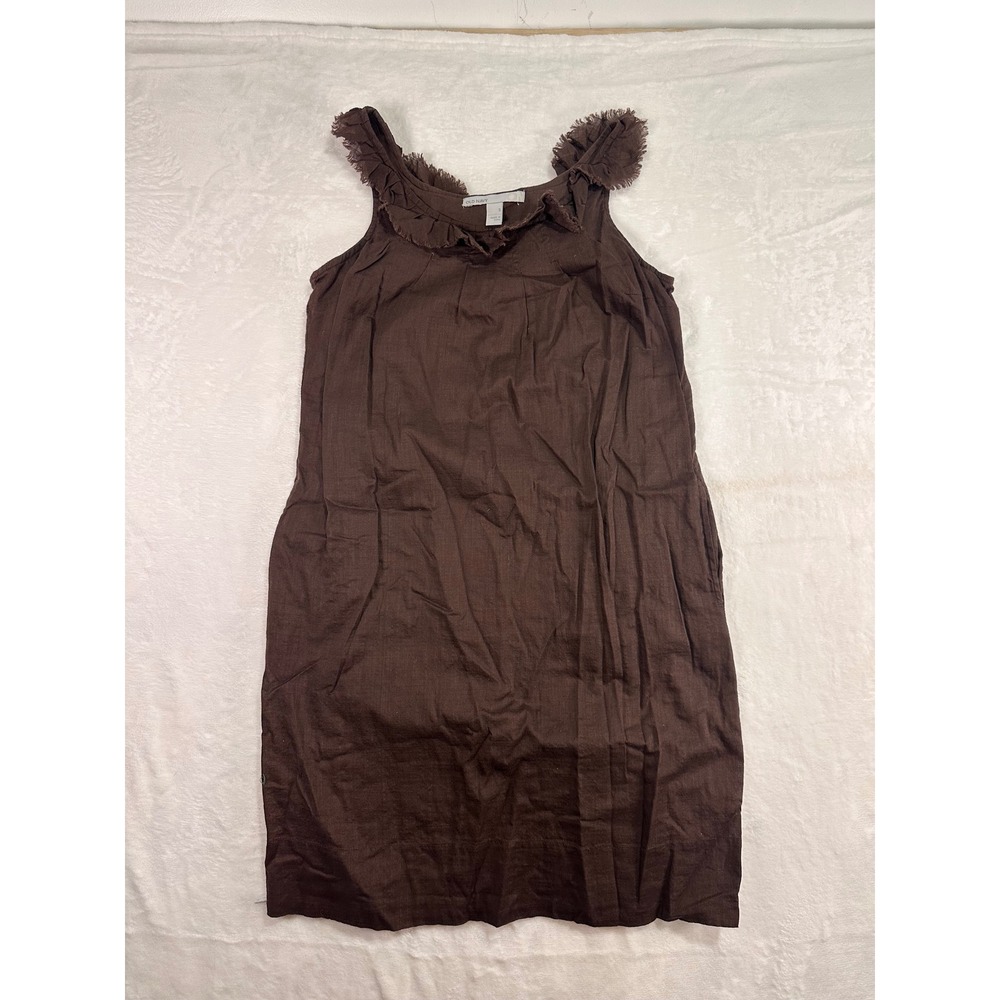 Old Navy Sleeveless Shift Dress‎ S Brown Ruffle Trim Pockets Cotton Womens